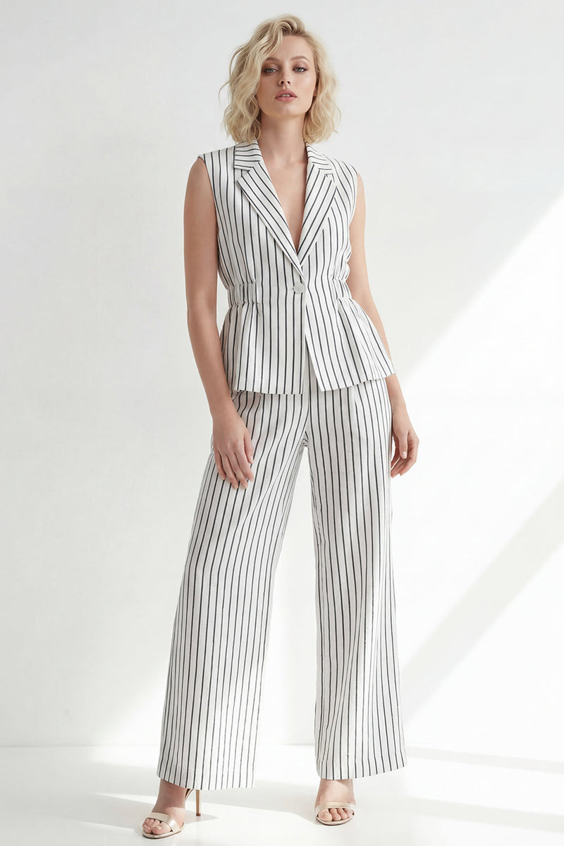 Load image into Gallery viewer, 2 Piece White Notched Lapel Striped Single Breasted Wide Leg Business Suits