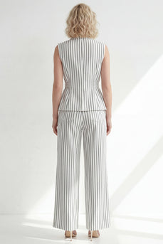 2 Piece White Notched Lapel Striped Single Breasted Wide Leg Business Suits