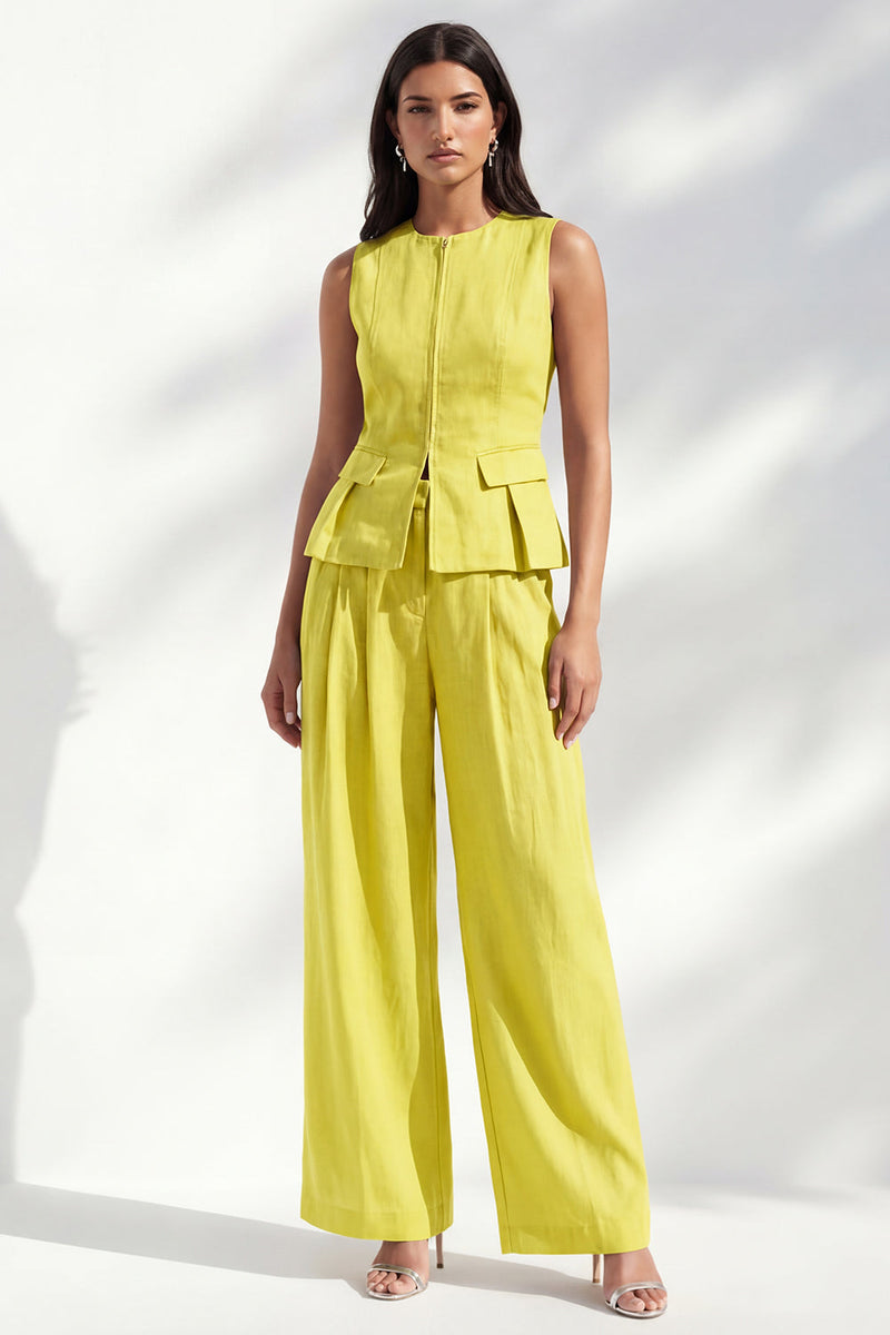 Load image into Gallery viewer, Lemon Yellow 2 Piece Round Neck Wide Leg Business Suits