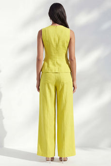 Lemon Yellow 2 Piece Round Neck Wide Leg Business Suits