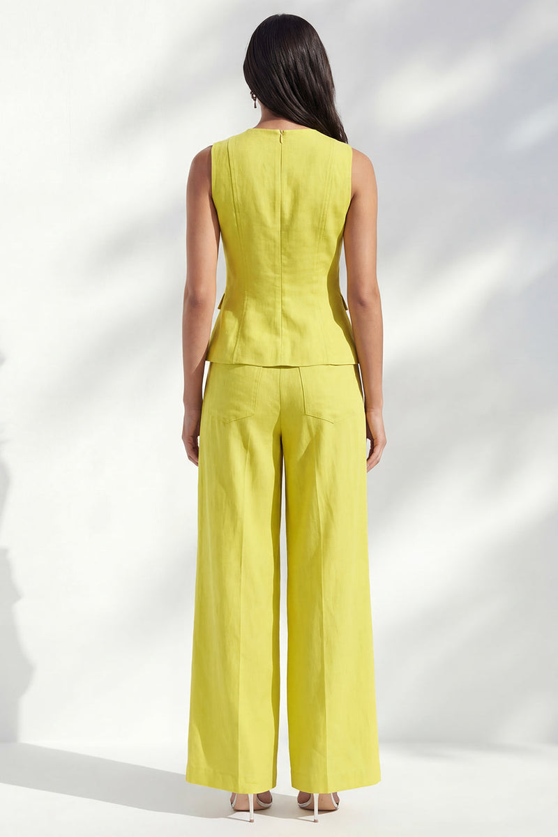 Load image into Gallery viewer, Lemon Yellow 2 Piece Round Neck Wide Leg Business Suits