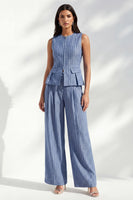 Load image into Gallery viewer, Dark Blue Round Neck 2 Piece Striped Wide Leg Business Suits