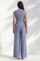 Load image into Gallery viewer, Dark Blue Round Neck 2 Piece Striped Wide Leg Business Suits