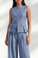 Load image into Gallery viewer, Dark Blue Round Neck 2 Piece Striped Wide Leg Business Suits