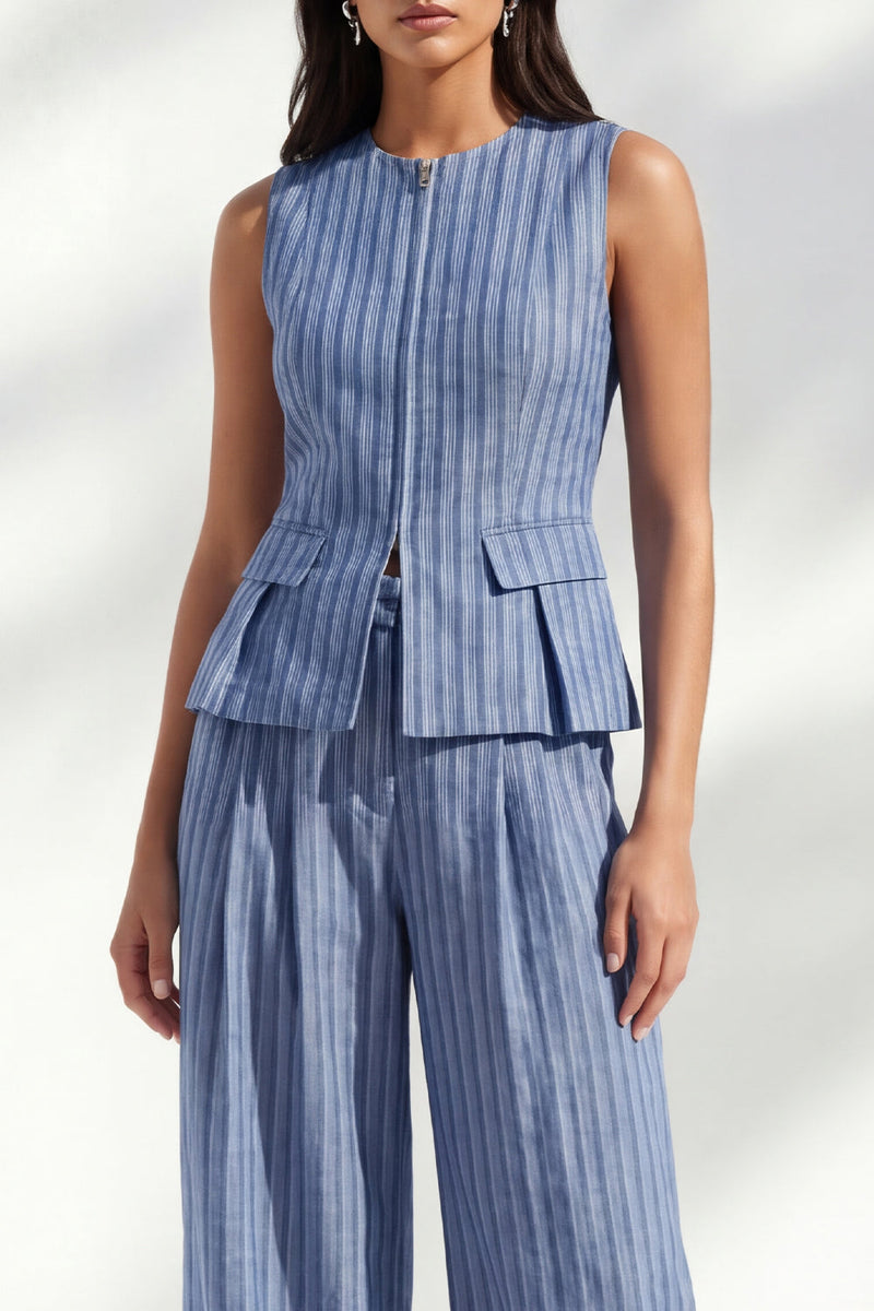 Load image into Gallery viewer, Dark Blue Round Neck 2 Piece Striped Wide Leg Business Suits