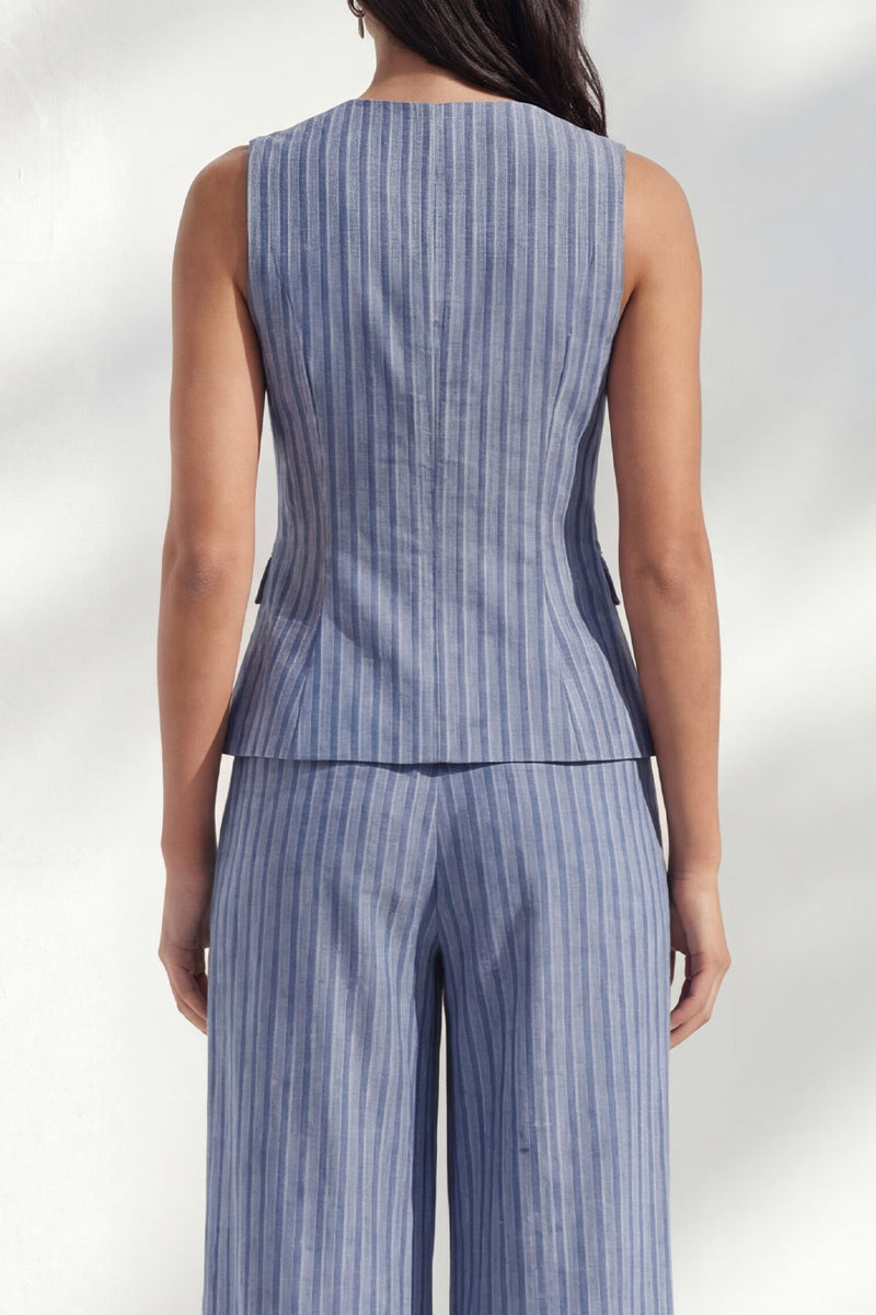 Load image into Gallery viewer, Dark Blue Round Neck 2 Piece Striped Wide Leg Business Suits