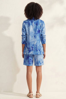 Printed Blue Notched Lapel Single Breasted 2 Piece Business Suits with Pockets