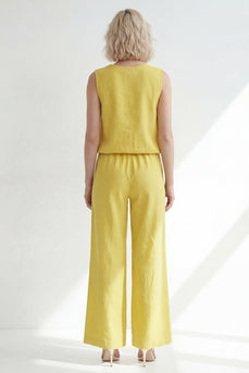 Butter Yellow V-Neck 2 Piece Wide Leg Business Suits
