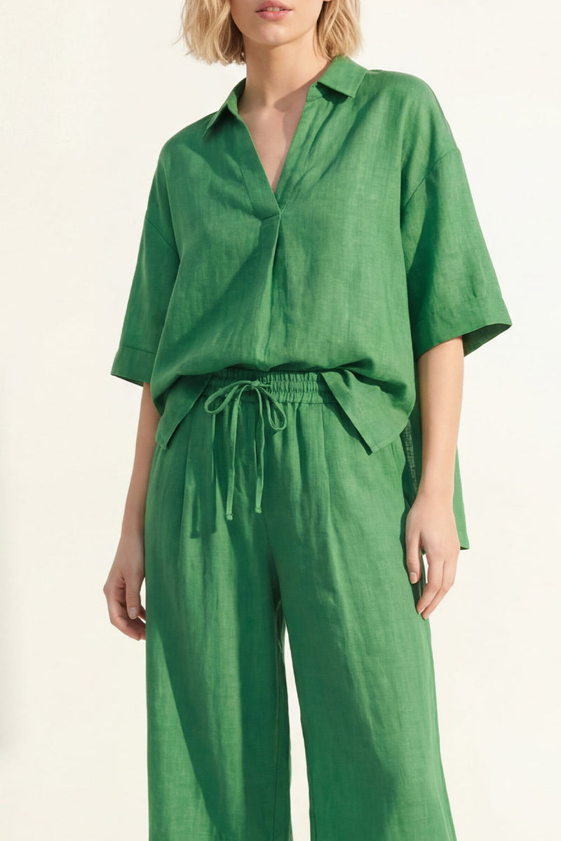 Load image into Gallery viewer, Half Sleeves Green Lapel Neck 2 Piece Wide Leg Business Suits
