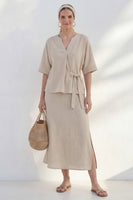 Load image into Gallery viewer, Half Sleeves Khaki 2 Piece V-Neck Business Suits with Slit
