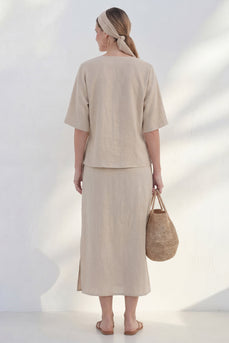 Half Sleeves Khaki 2 Piece V-Neck Business Suits with Slit