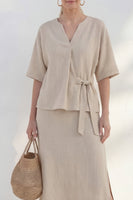 Load image into Gallery viewer, Half Sleeves Khaki 2 Piece V-Neck Business Suits with Slit