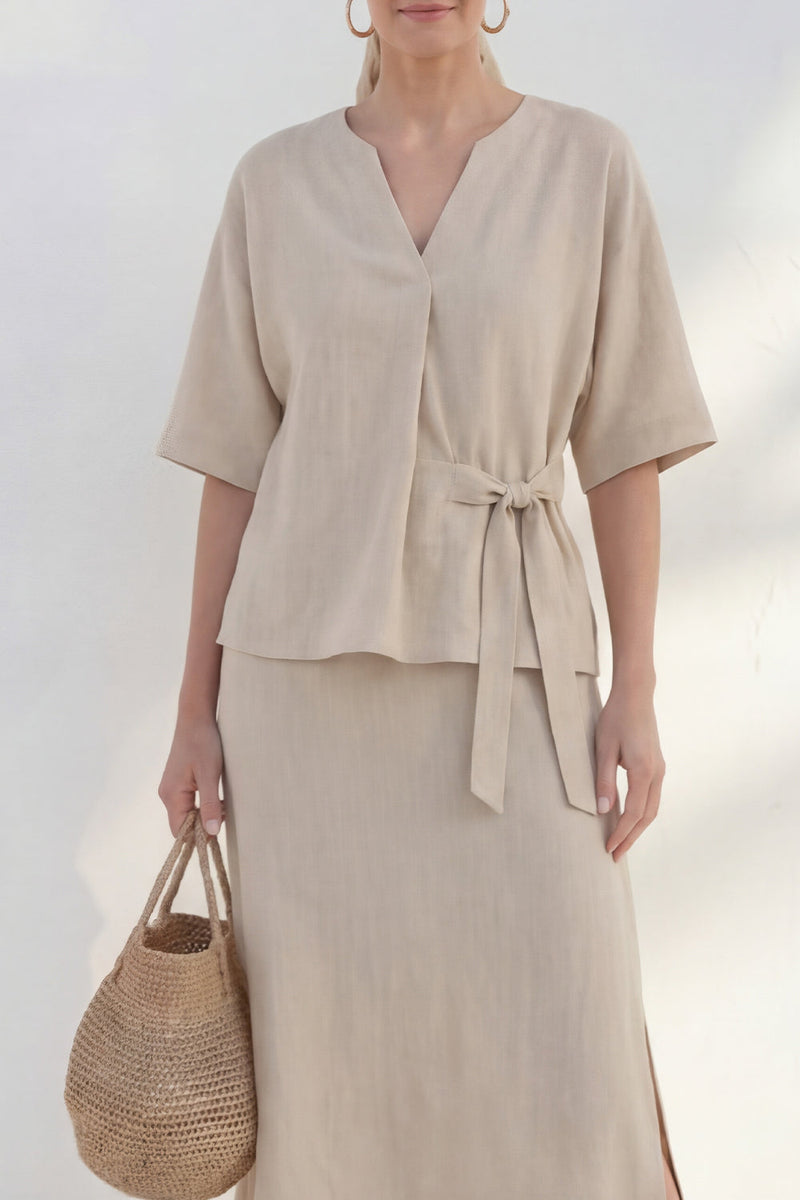 Load image into Gallery viewer, Half Sleeves Khaki 2 Piece V-Neck Business Suits with Slit