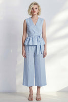Load image into Gallery viewer, V Neck Light Blue Ruffled 2 Piece Business Suits with Belt