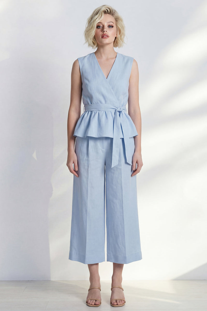 Load image into Gallery viewer, V Neck Light Blue Ruffled 2 Piece Business Suits with Belt