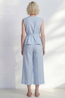 Load image into Gallery viewer, V Neck Light Blue Ruffled 2 Piece Business Suits with Belt