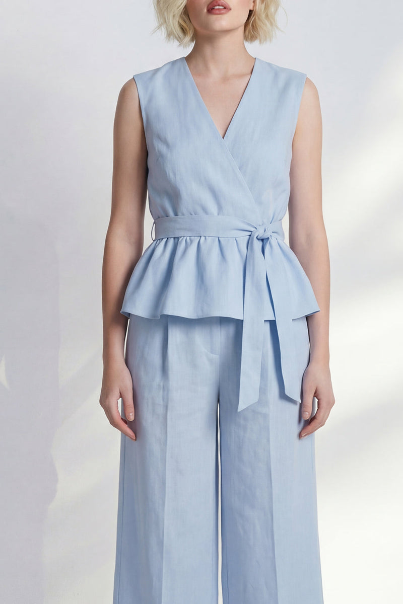 Load image into Gallery viewer, V Neck Light Blue Ruffled 2 Piece Business Suits with Belt