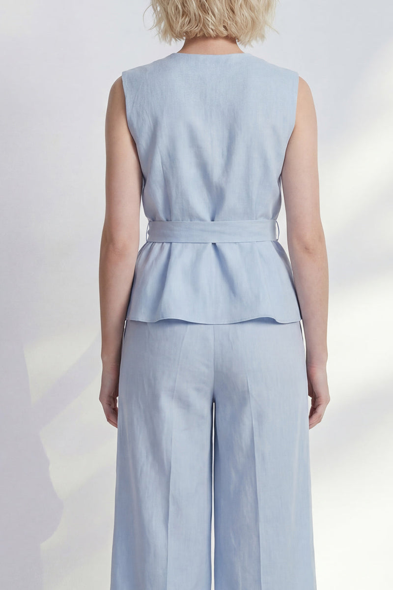Load image into Gallery viewer, V Neck Light Blue Ruffled 2 Piece Business Suits with Belt