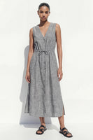 Load image into Gallery viewer, V Neck Single Breasted Grey Work Dress with Slit
