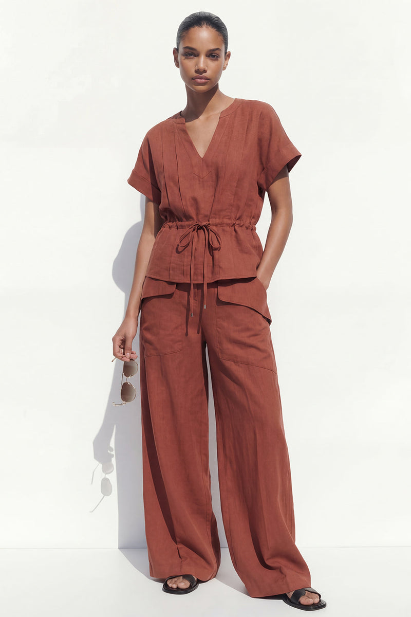 Load image into Gallery viewer, Caramel V-Neck Short Sleeves 2 Piece Business Suits with Pockets