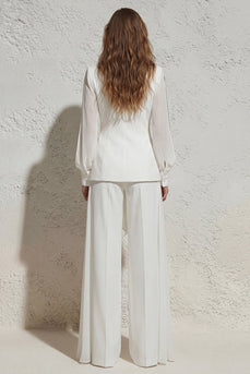 White Notched Lapel 2 Piece Wide Leg Business Suits with Pockets