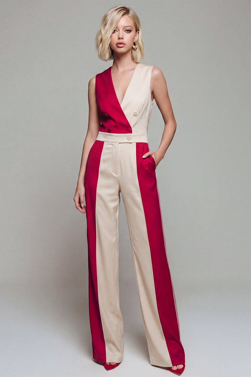 Load image into Gallery viewer, Light Khaki Double Breasted Shawl Lapel Color Block Jumpsuits with Pockets