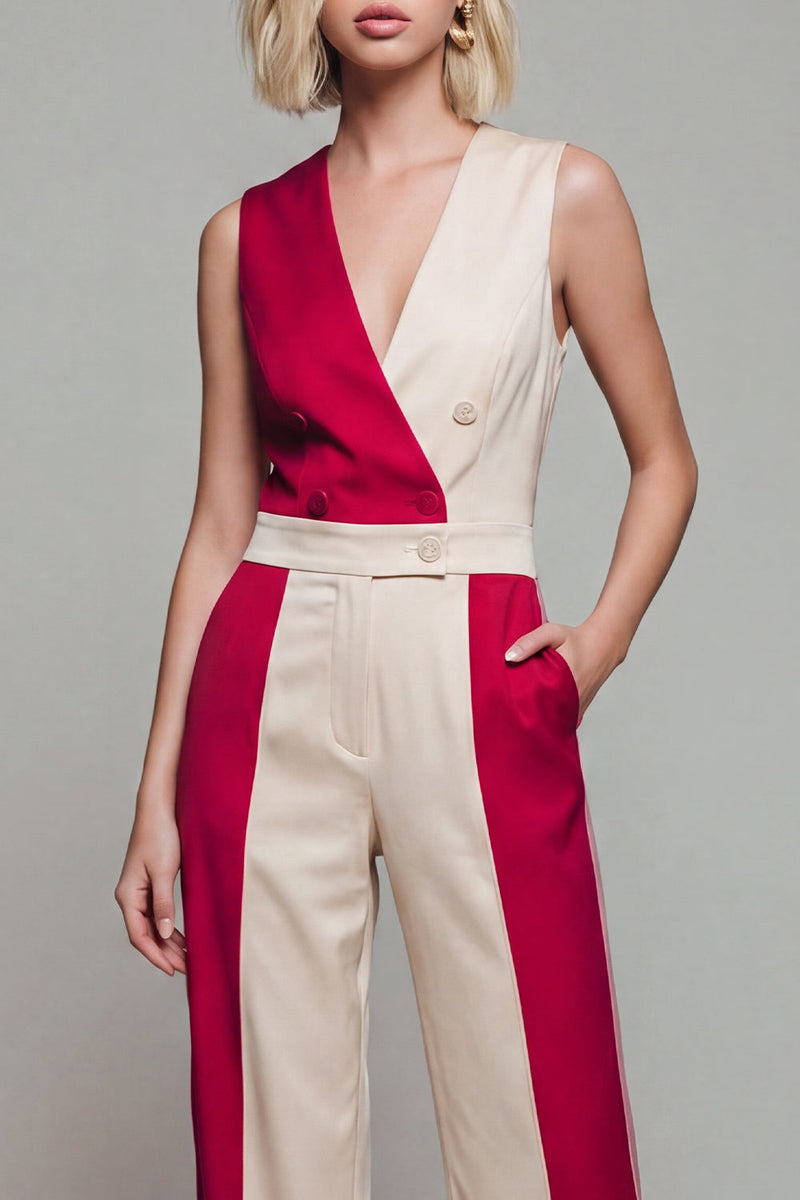 Load image into Gallery viewer, Light Khaki Double Breasted Shawl Lapel Color Block Jumpsuits with Pockets