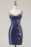 Load image into Gallery viewer, Floral Navy Tight Corset Short Prom Dress with Beading