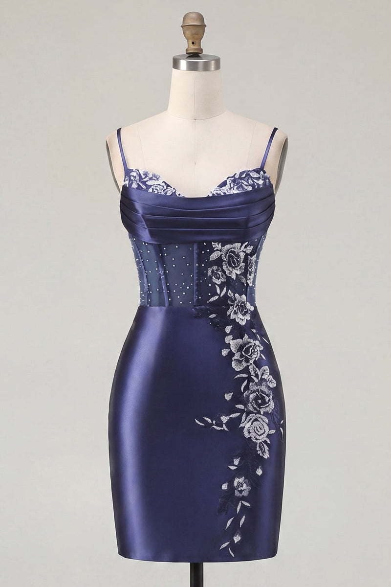 Load image into Gallery viewer, Floral Navy Tight Corset Short Prom Dress with Beading