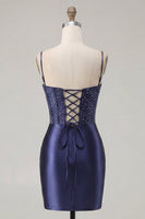 Load image into Gallery viewer, Floral Navy Tight Corset Short Prom Dress with Beading
