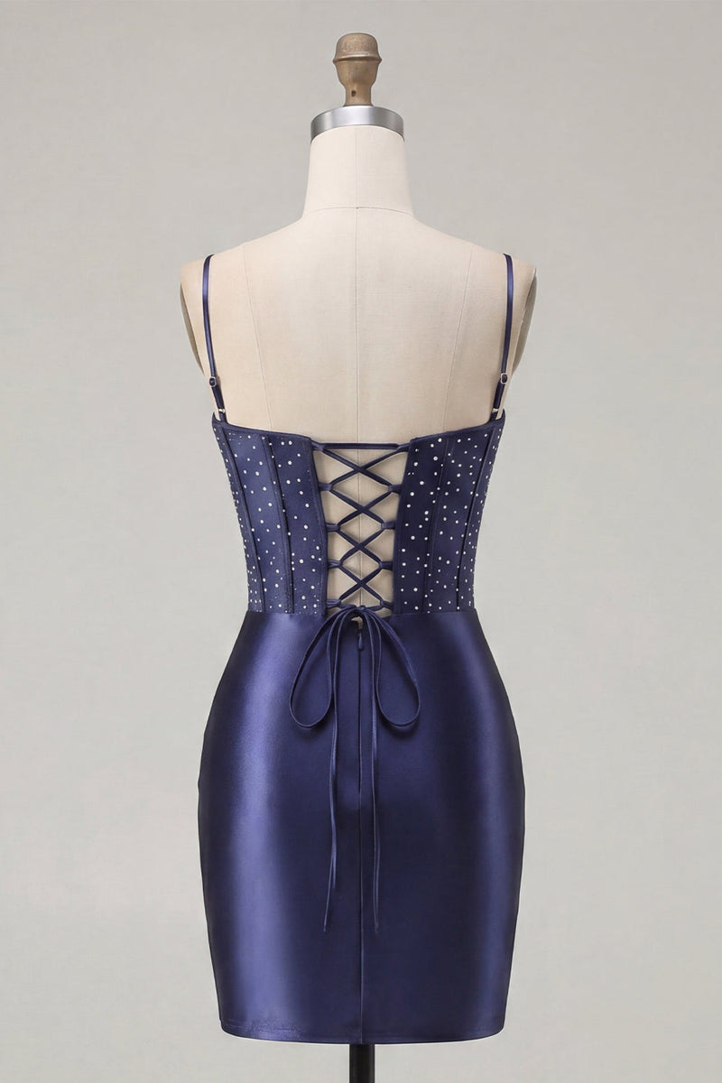 Load image into Gallery viewer, Floral Navy Tight Corset Short Prom Dress with Beading
