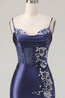Load image into Gallery viewer, Floral Navy Tight Corset Short Prom Dress with Beading