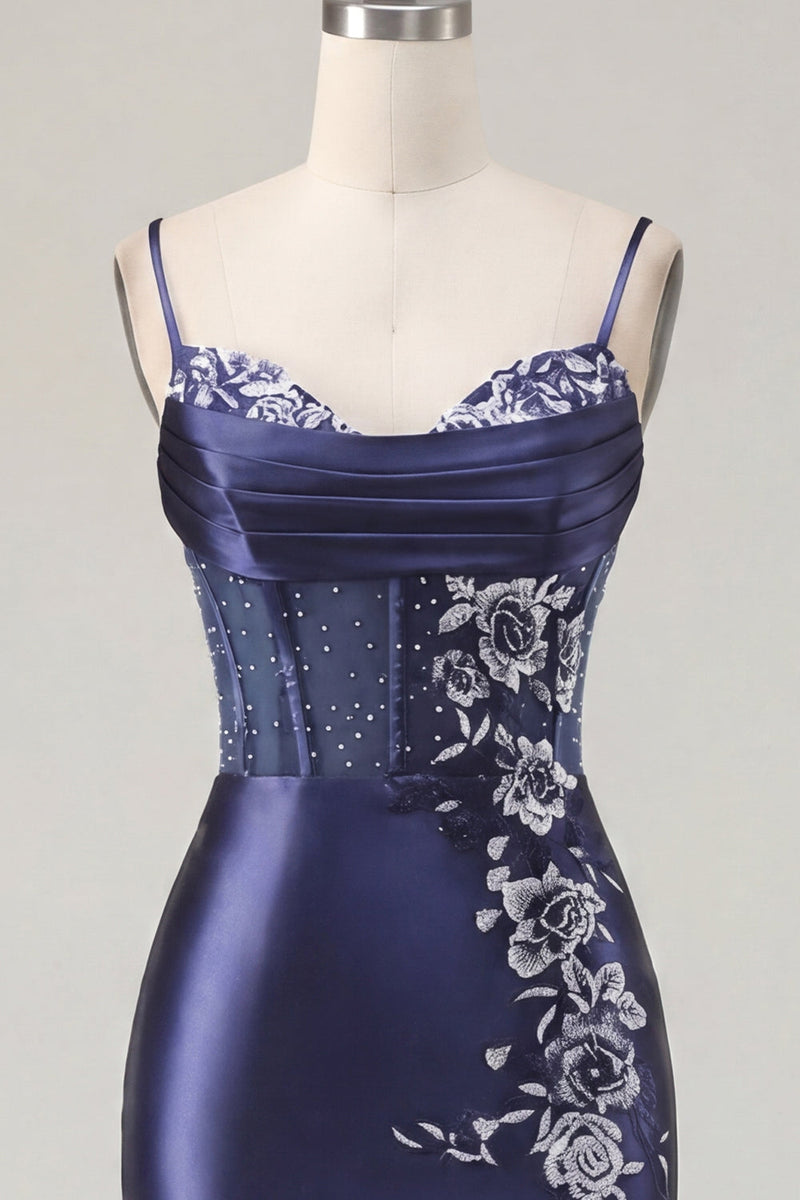 Load image into Gallery viewer, Floral Navy Tight Corset Short Prom Dress with Beading