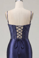 Load image into Gallery viewer, Floral Navy Tight Corset Short Prom Dress with Beading