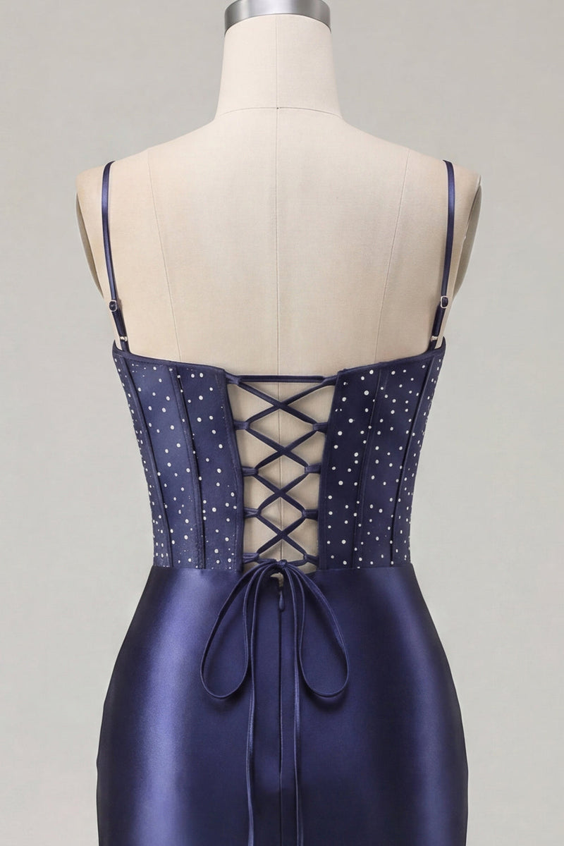 Load image into Gallery viewer, Floral Navy Tight Corset Short Prom Dress with Beading