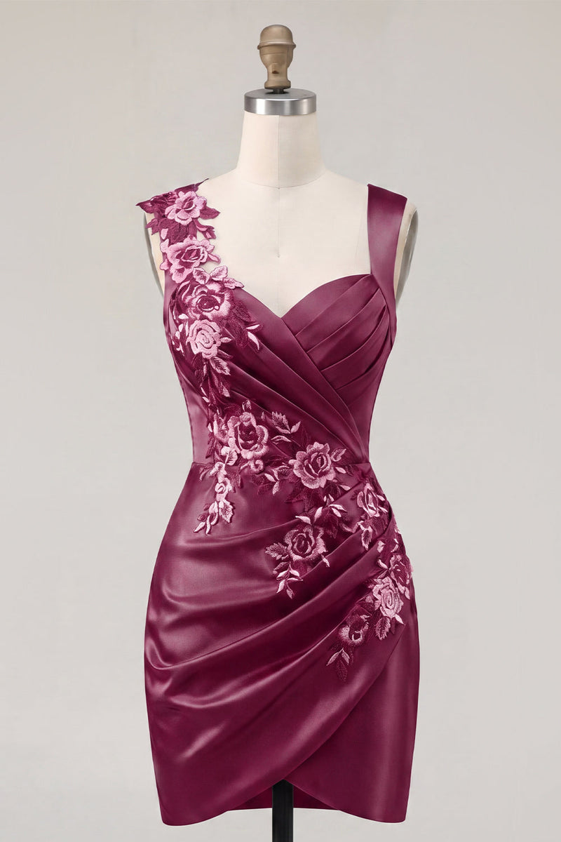 Load image into Gallery viewer, Floral Thick Straps Ruched Navy Tight Short Prom Dress