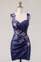 Load image into Gallery viewer, Floral Thick Straps Ruched Navy Tight Short Prom Dress