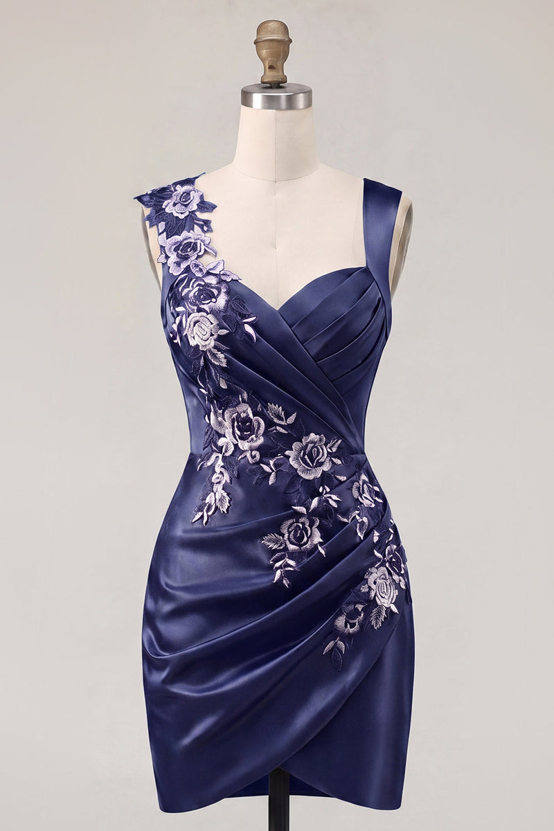 Load image into Gallery viewer, Floral Thick Straps Ruched Navy Tight Short Prom Dress