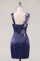 Load image into Gallery viewer, Floral Thick Straps Ruched Navy Tight Short Prom Dress