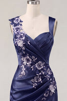 Load image into Gallery viewer, Floral Thick Straps Ruched Navy Tight Short Prom Dress