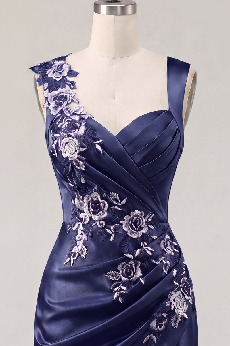 Load image into Gallery viewer, Floral Thick Straps Ruched Navy Tight Short Prom Dress