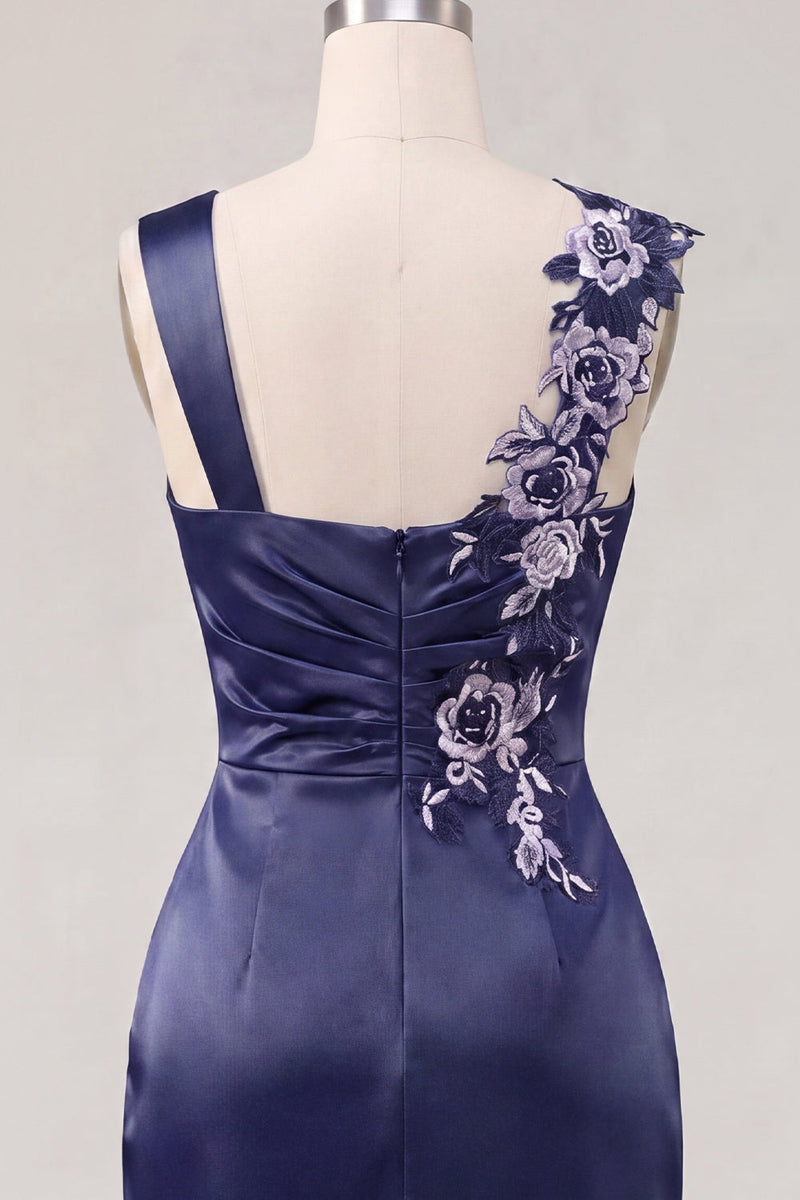 Load image into Gallery viewer, Floral Thick Straps Ruched Navy Tight Short Prom Dress