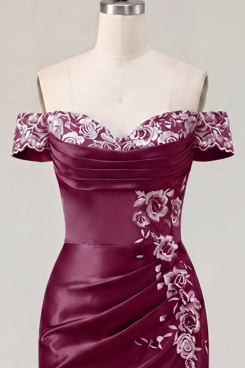 Load image into Gallery viewer, Off the Shoulder Floral Ruched Navy Tight Short Prom Dress