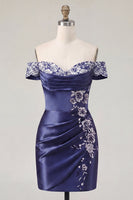 Load image into Gallery viewer, Off the Shoulder Floral Ruched Navy Tight Short Prom Dress