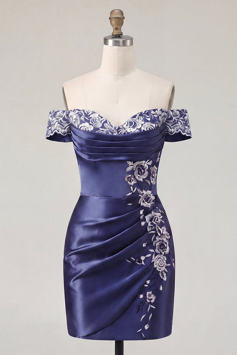 Load image into Gallery viewer, Off the Shoulder Floral Ruched Navy Tight Short Prom Dress