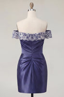 Load image into Gallery viewer, Off the Shoulder Floral Ruched Navy Tight Short Prom Dress