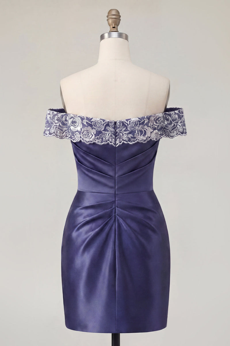 Load image into Gallery viewer, Off the Shoulder Floral Ruched Navy Tight Short Prom Dress