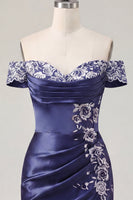 Load image into Gallery viewer, Off the Shoulder Floral Ruched Navy Tight Short Prom Dress