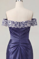 Load image into Gallery viewer, Off the Shoulder Floral Ruched Navy Tight Short Prom Dress