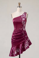 Load image into Gallery viewer, One Shoulder Floral Navy Tight Ruched Short Prom Dress with Ruffles